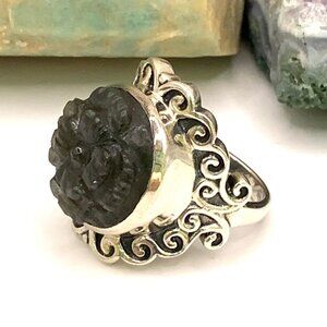 Carved Tanzanite Gemstone Flower Sterling Silver Asian Style Beautiful Ring Sz 6